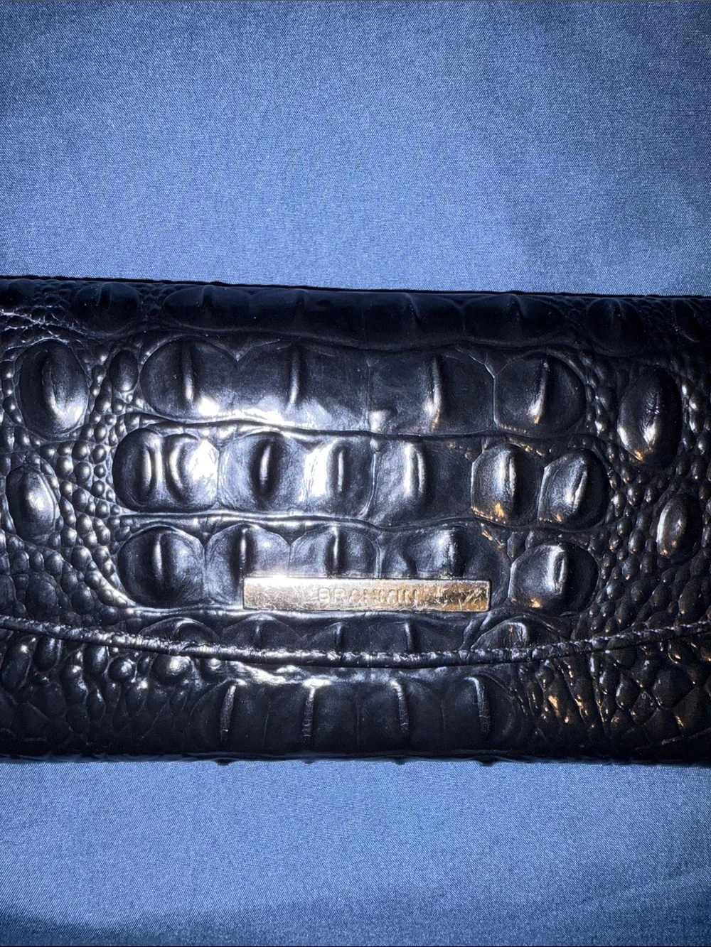 Brahmin Black Croc-Embossed Clutch with Gold Hardware